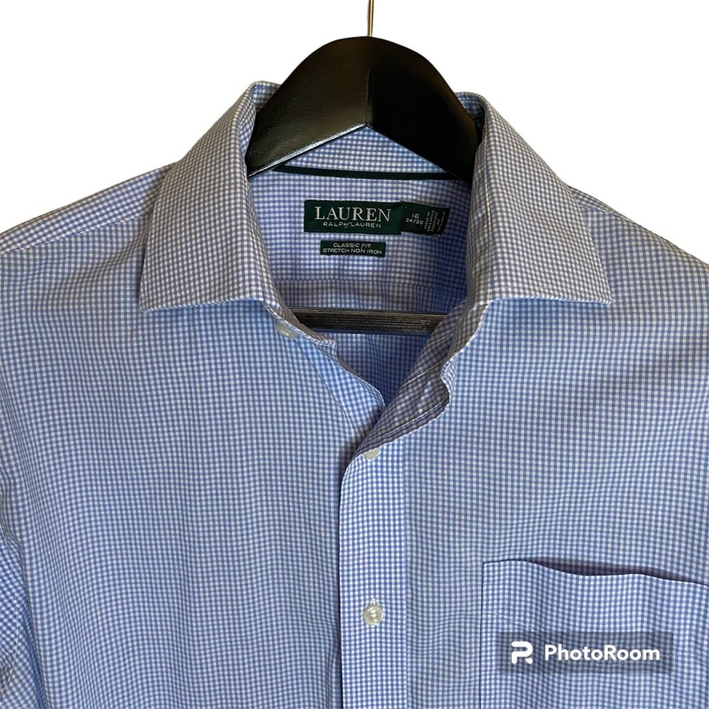 Lauren by Ralph Lauren Men's Large Gingham Blue White Long Sleeve Button Up Shir